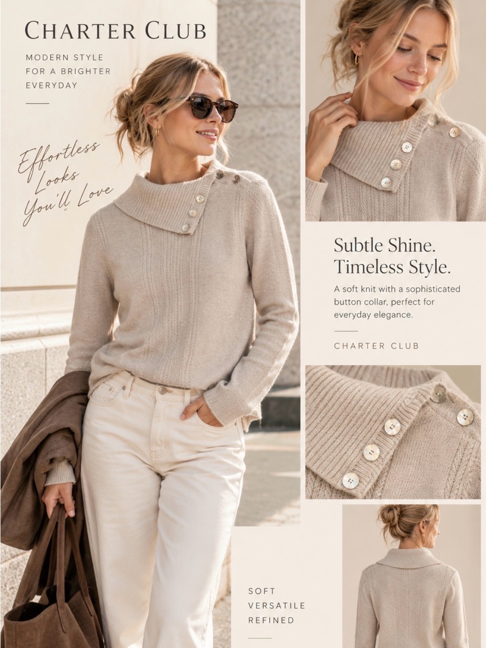 Charter Club Sparkle Knit Sweater with Button Collar in Cream Size M